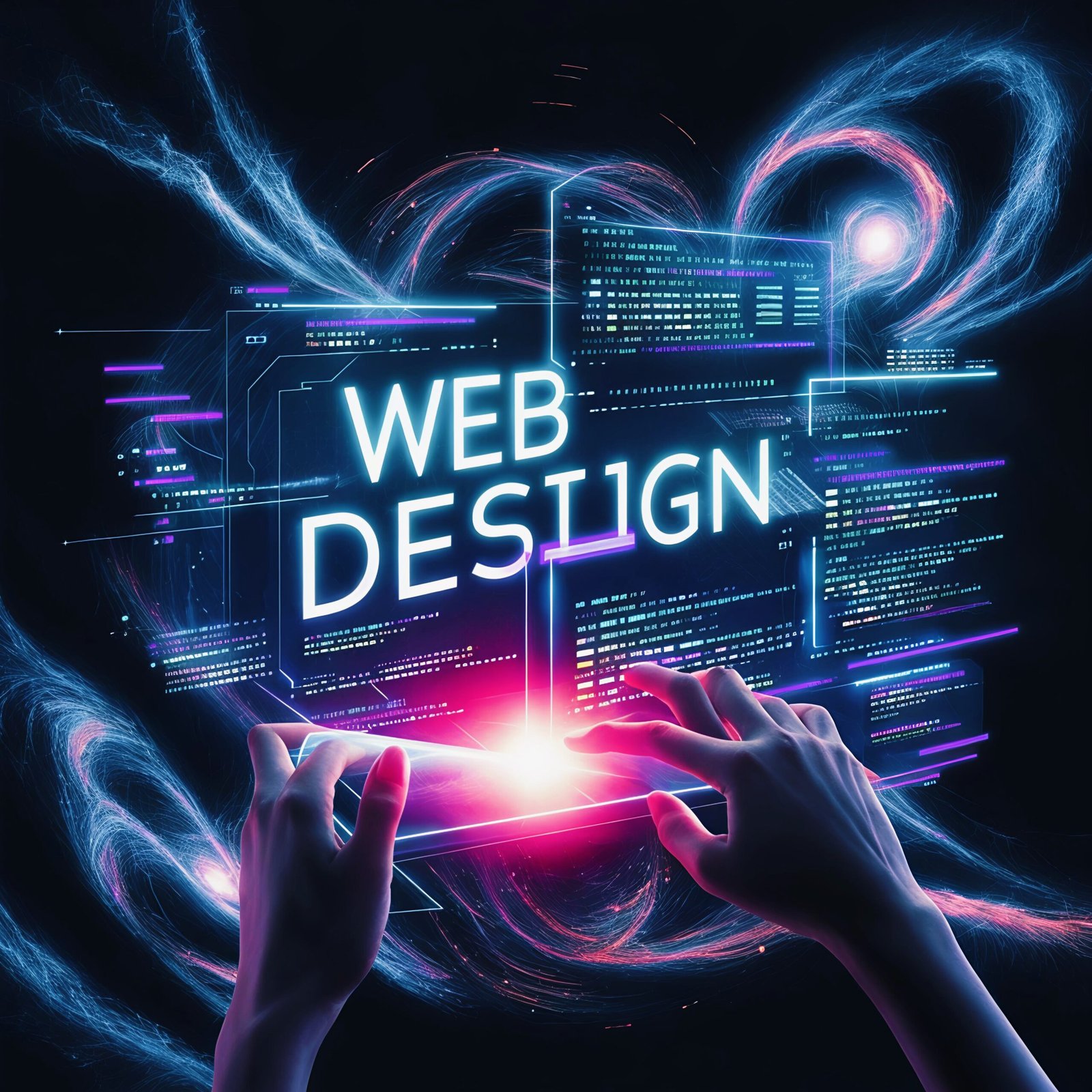 Web design and development with futuristic coding interface