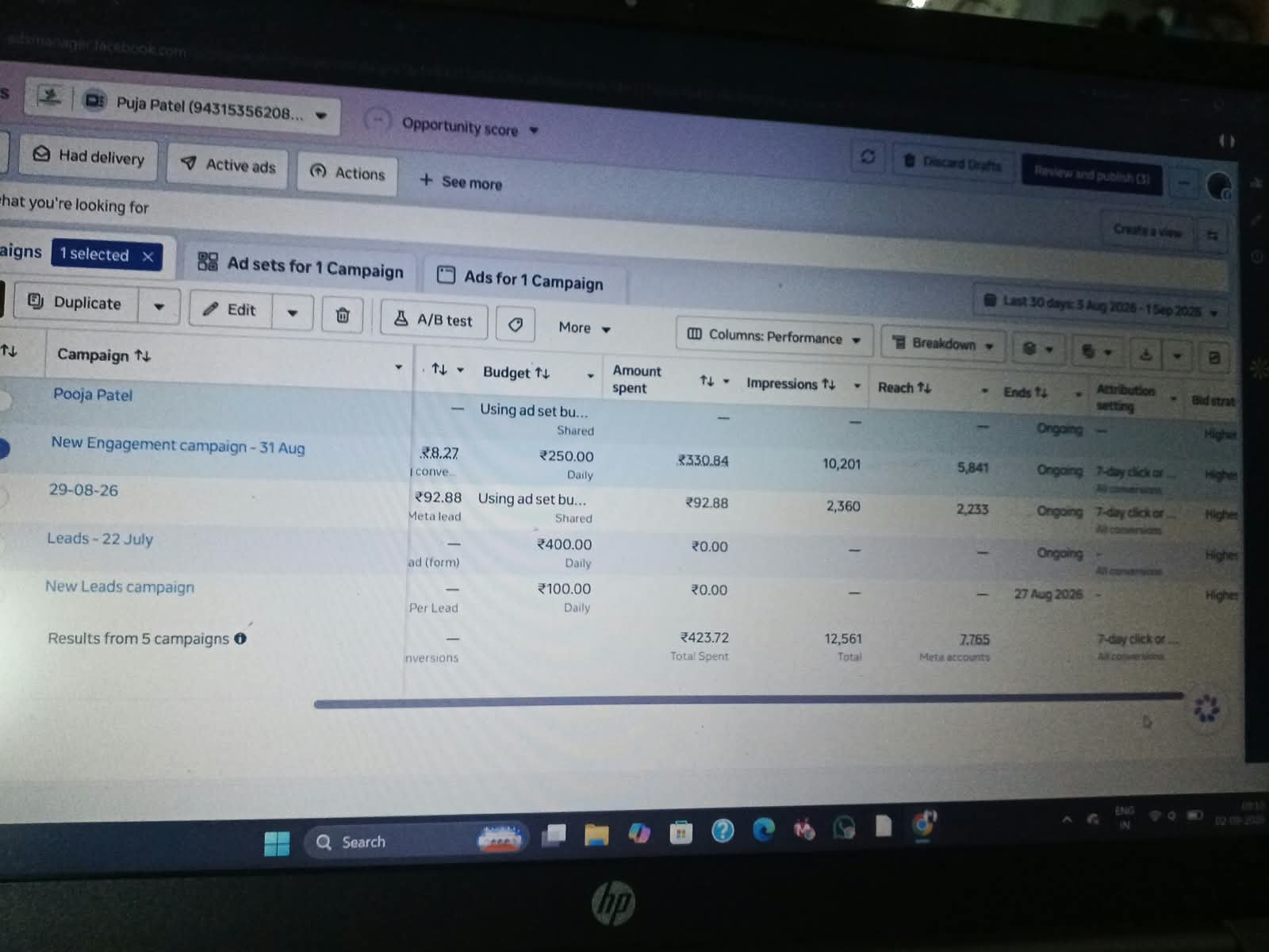 Meta Ads campaign spend