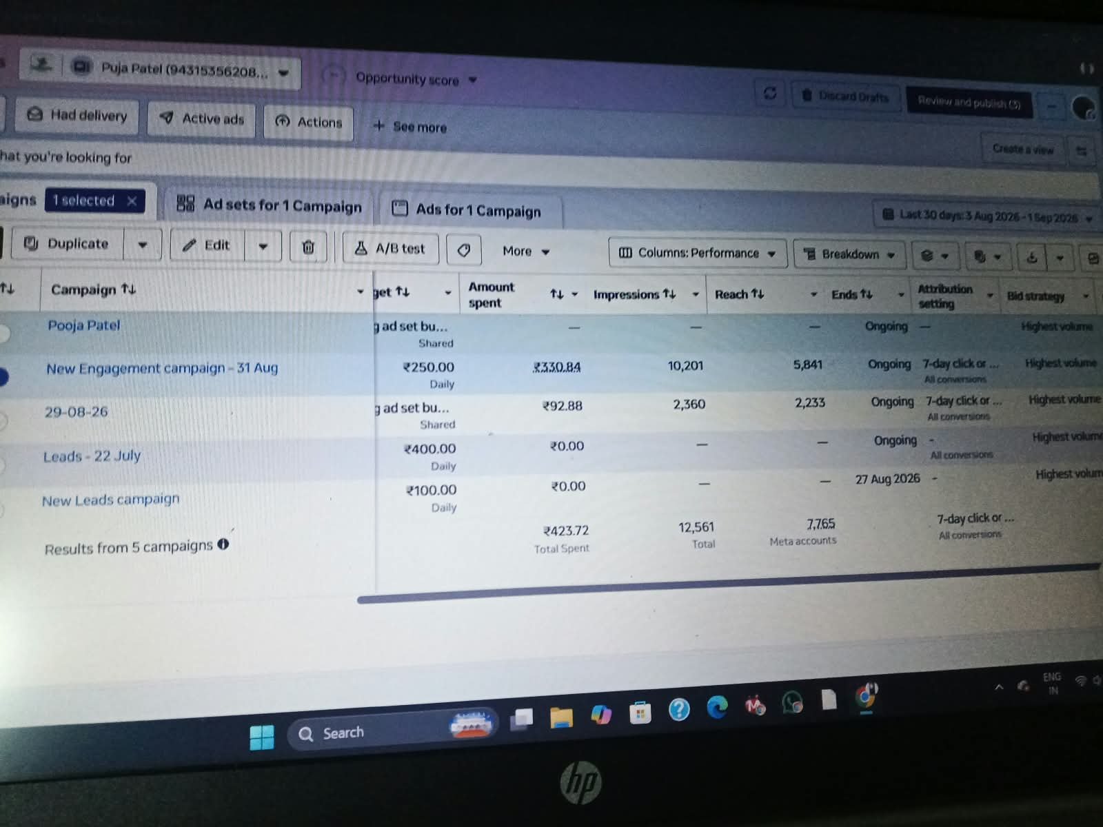 Meta Ads campaign dashboard